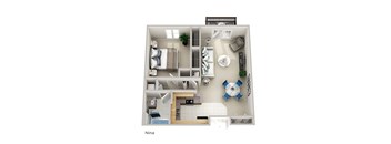 a stylized floor plan with a bedroom and a living room